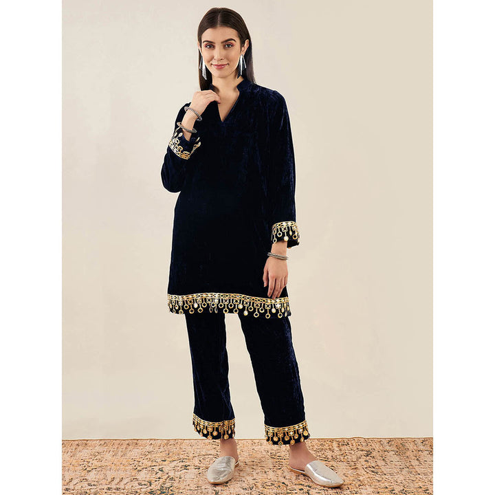 First Resort by Ramola Bachchan Blue Velvet Kurta & Straight Pant with Mirror Lace (Set of 2)
