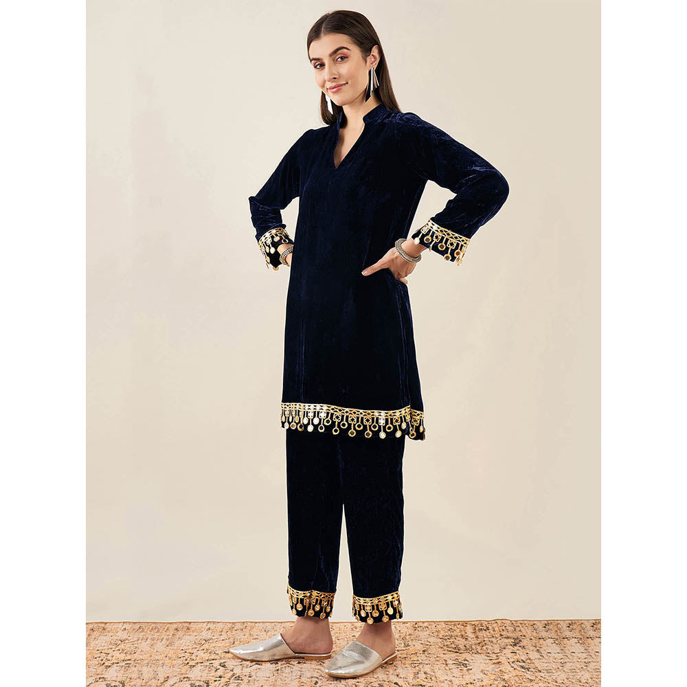First Resort by Ramola Bachchan Blue Velvet Kurta & Straight Pant with Mirror Lace (Set of 2)