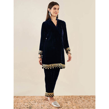 First Resort by Ramola Bachchan Blue Velvet Kurta & Straight Pant with Mirror Lace (Set of 2)