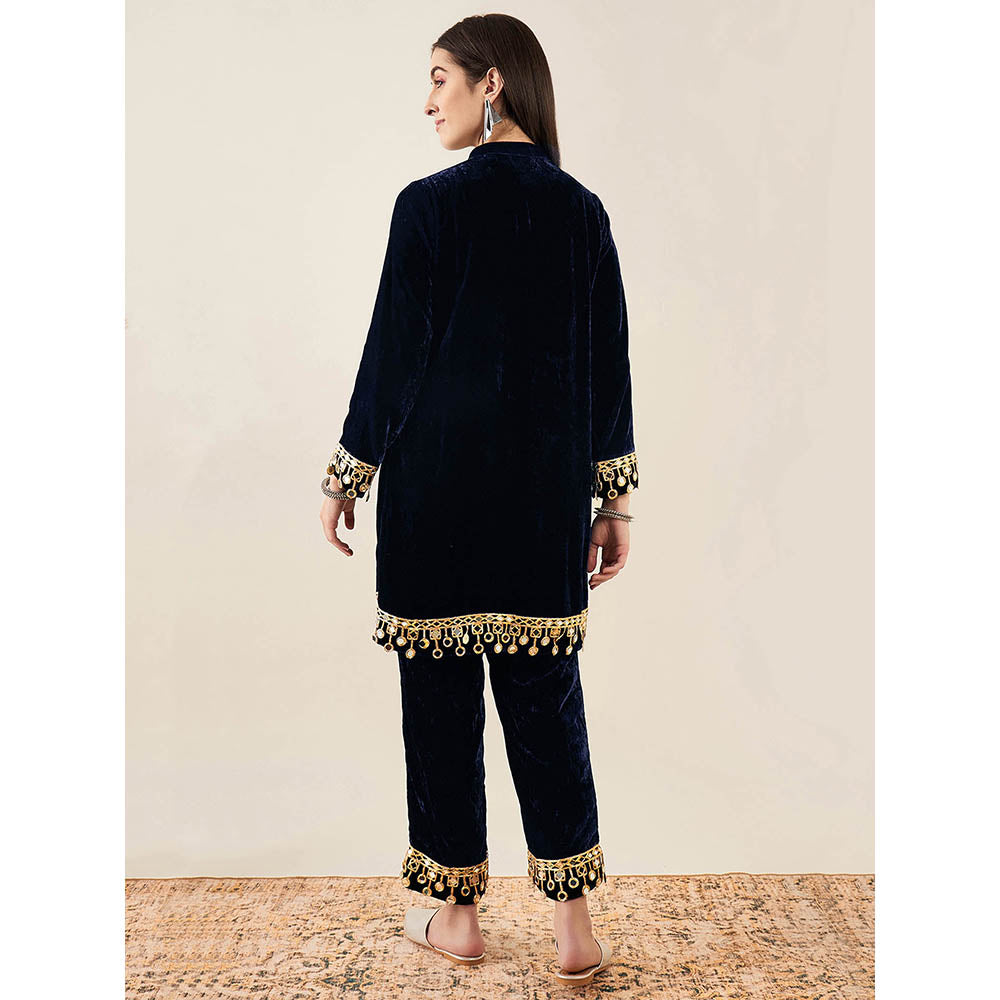 First Resort by Ramola Bachchan Blue Velvet Kurta & Straight Pant with Mirror Lace (Set of 2)