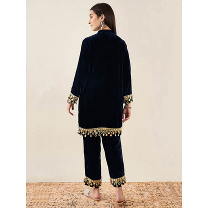 First Resort by Ramola Bachchan Blue Velvet Kurta & Straight Pant with Mirror Lace (Set of 2)