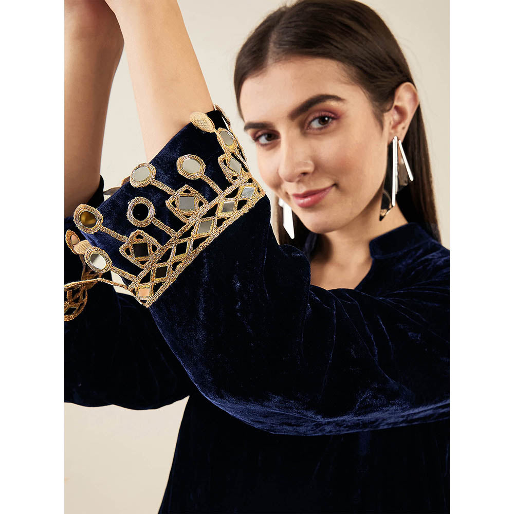First Resort by Ramola Bachchan Blue Velvet Kurta & Straight Pant with Mirror Lace (Set of 2)