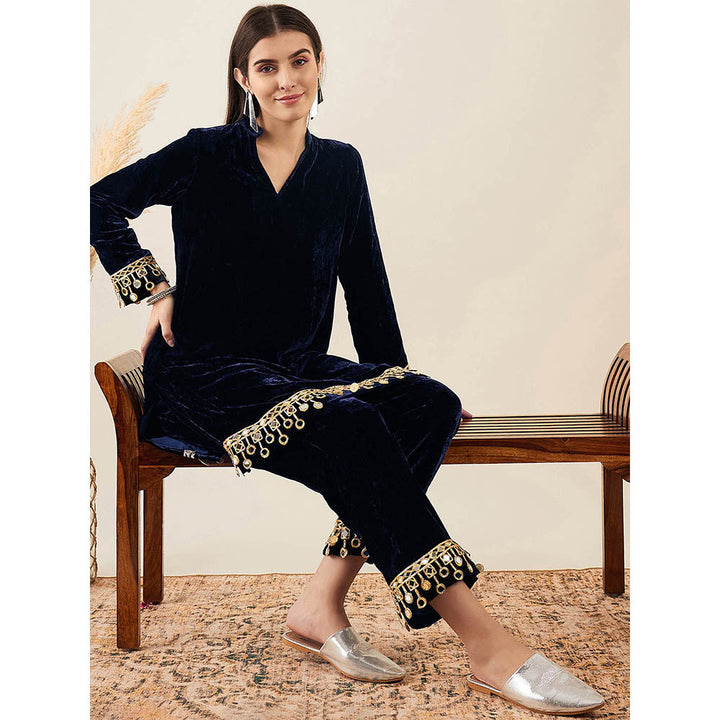 First Resort by Ramola Bachchan Blue Velvet Kurta & Straight Pant with Mirror Lace (Set of 2)