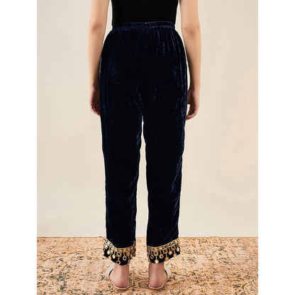 First Resort by Ramola Bachchan Blue Velvet Kurta & Straight Pant with Mirror Lace (Set of 2)