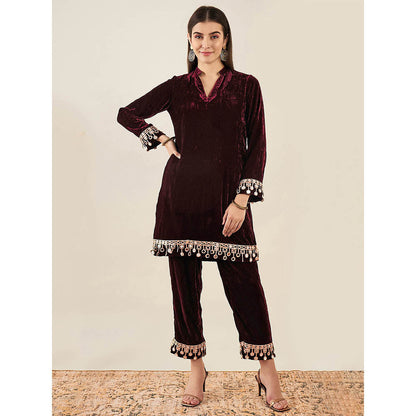 First Resort by Ramola Bachchan Maroon Velvet Kurta & Pant with Mirror Lace (Set of 2)