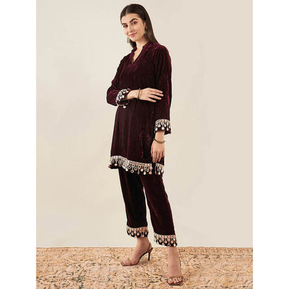First Resort by Ramola Bachchan Maroon Velvet Kurta & Pant with Mirror Lace (Set of 2)
