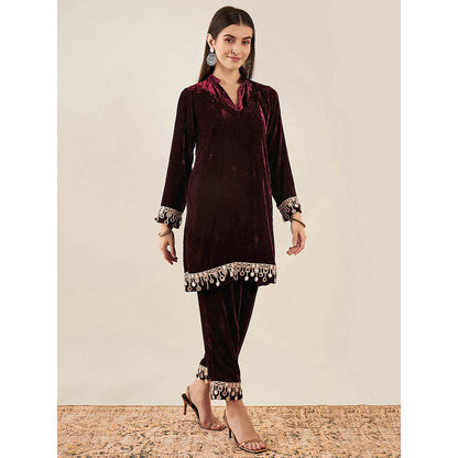 First Resort by Ramola Bachchan Maroon Velvet Kurta & Pant with Mirror Lace (Set of 2)