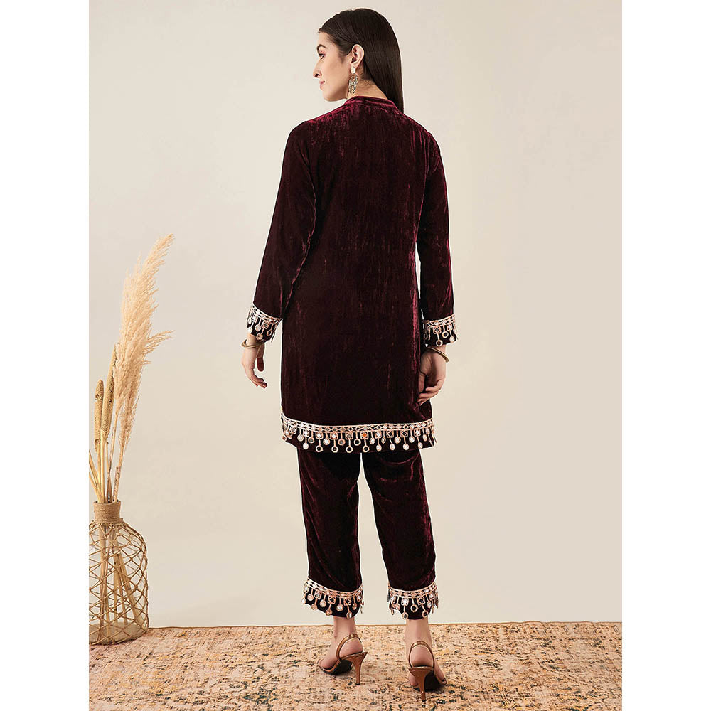 First Resort by Ramola Bachchan Maroon Velvet Kurta & Pant with Mirror Lace (Set of 2)