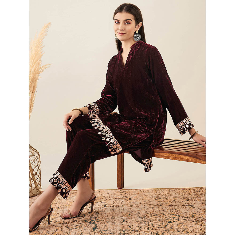 First Resort by Ramola Bachchan Maroon Velvet Kurta & Pant with Mirror Lace (Set of 2)