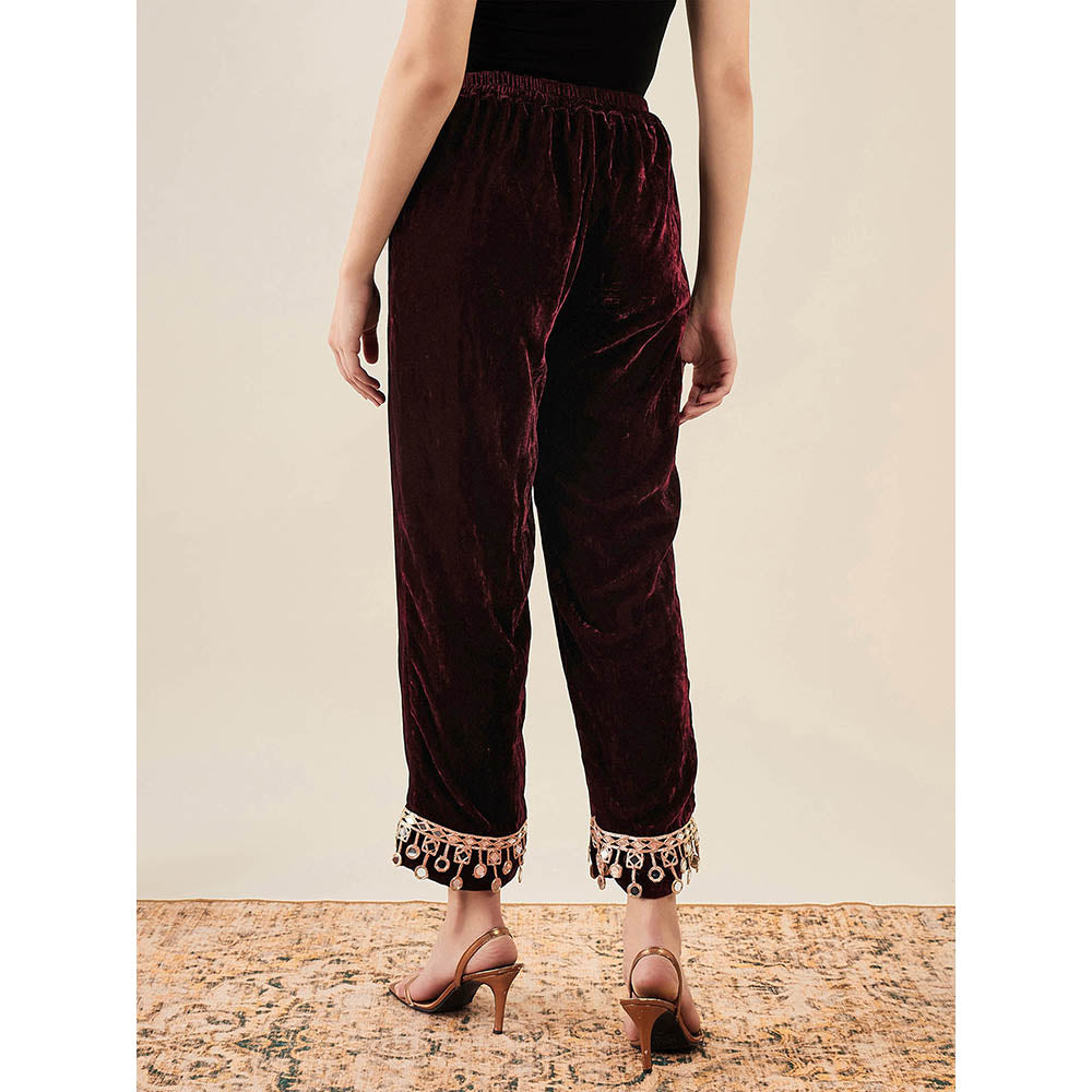 First Resort by Ramola Bachchan Maroon Velvet Kurta & Pant with Mirror Lace (Set of 2)