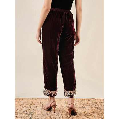First Resort by Ramola Bachchan Maroon Velvet Kurta & Pant with Mirror Lace (Set of 2)