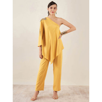 First Resort by Ramola Bachchan Mustard One-Shoulder Embroidered Top with Pant (Set of 2)
