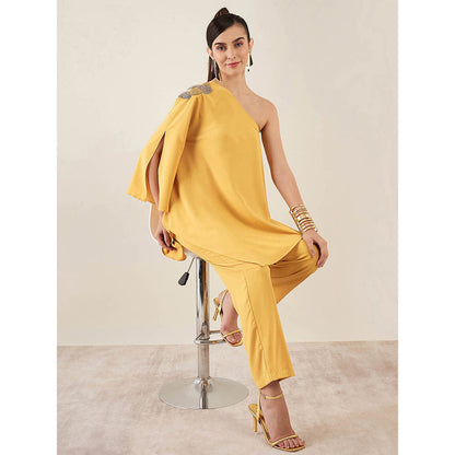First Resort by Ramola Bachchan Mustard One-Shoulder Embroidered Top with Pant (Set of 2)