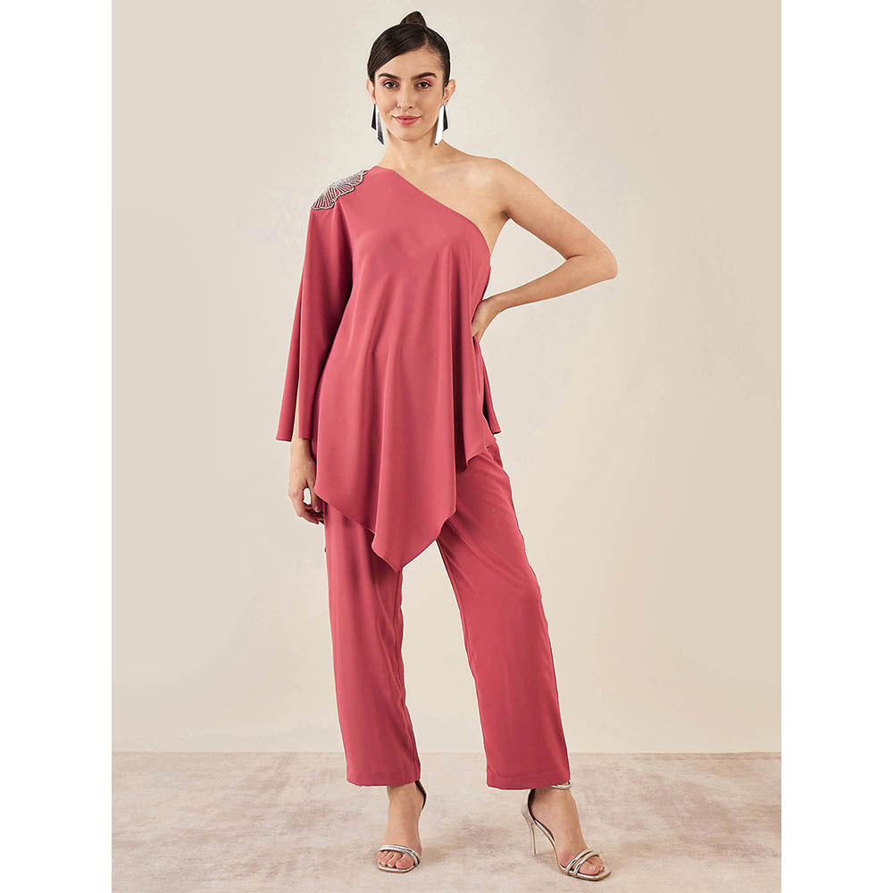 First Resort by Ramola Bachchan Red One-Shoulder Embroidered Top with Straight Pant (Set of 2)