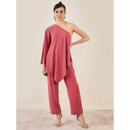 First Resort by Ramola Bachchan Red One-Shoulder Embroidered Top with Straight Pant (Set of 2)