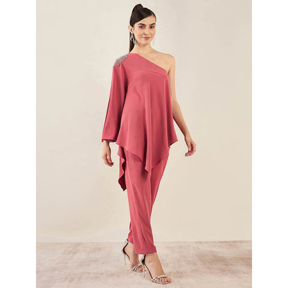 First Resort by Ramola Bachchan Red One-Shoulder Embroidered Top with Straight Pant (Set of 2)