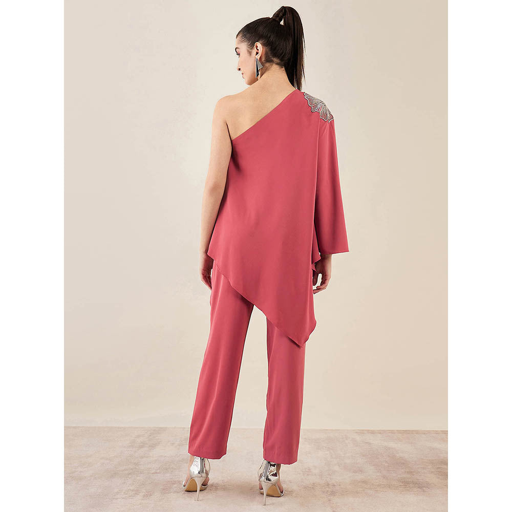 First Resort by Ramola Bachchan Red One-Shoulder Embroidered Top with Straight Pant (Set of 2)