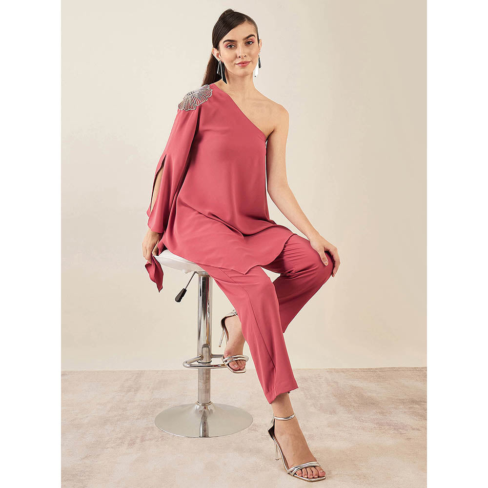 First Resort by Ramola Bachchan Red One-Shoulder Embroidered Top with Straight Pant (Set of 2)