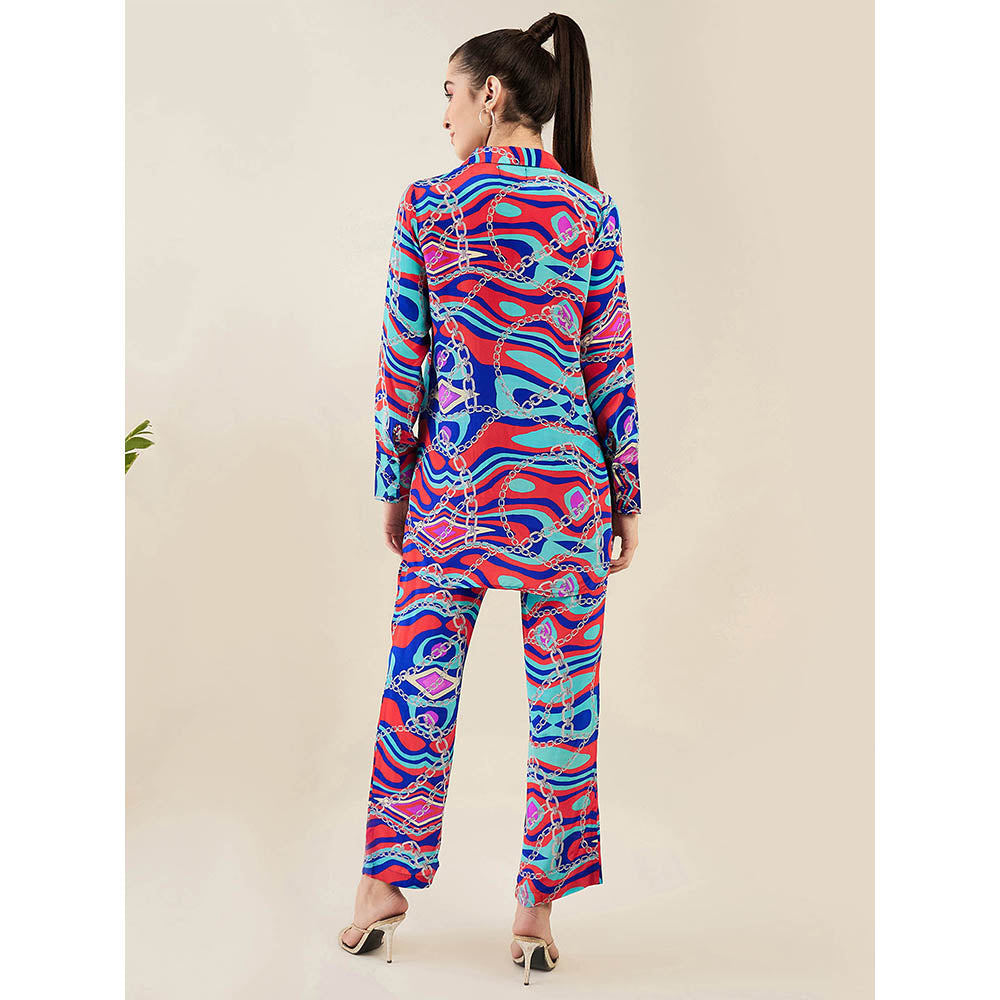 First Resort by Ramola Bachchan Blue and Red Marine Wave Print Shirt and Pant (Set of 2)