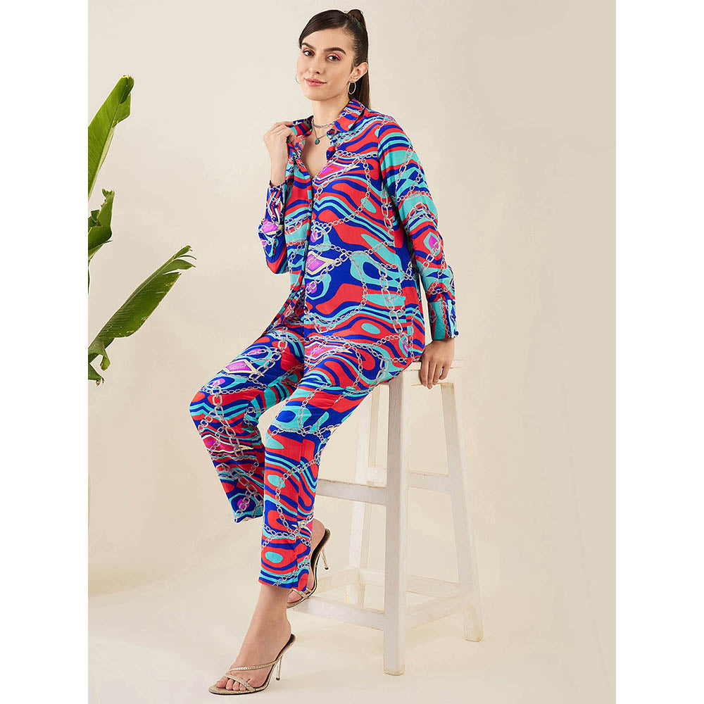 First Resort by Ramola Bachchan Blue and Red Marine Wave Print Shirt and Pant (Set of 2)