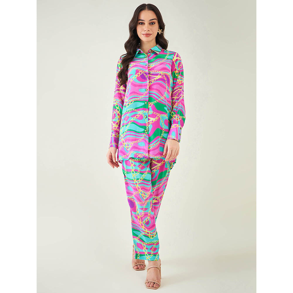 First Resort by Ramola Bachchan Pink and Green Marine Wave Print Shirt and Pant (Set of 2)