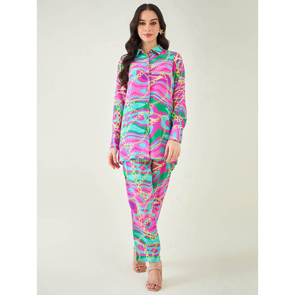 First Resort by Ramola Bachchan Pink and Green Marine Wave Print Shirt and Pant (Set of 2)