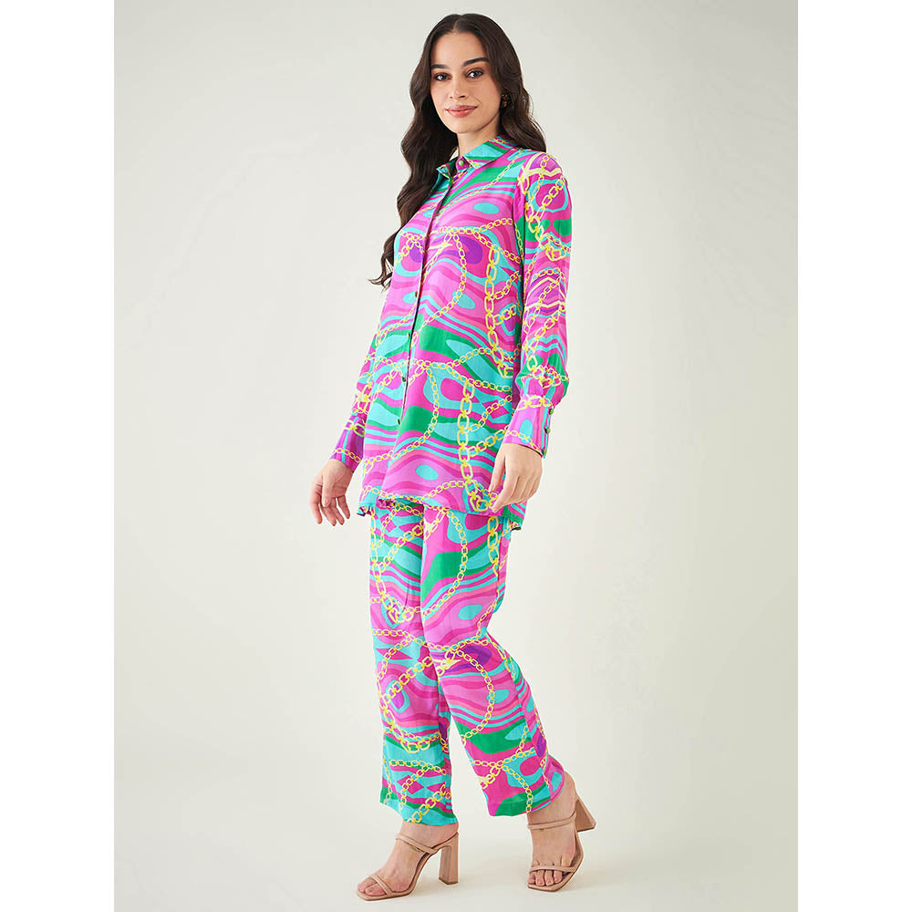 First Resort by Ramola Bachchan Pink and Green Marine Wave Print Shirt and Pant (Set of 2)