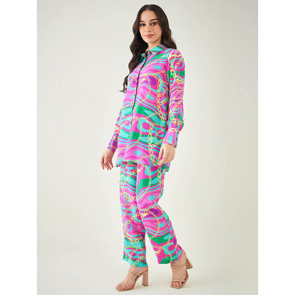 First Resort by Ramola Bachchan Pink and Green Marine Wave Print Shirt and Pant (Set of 2)