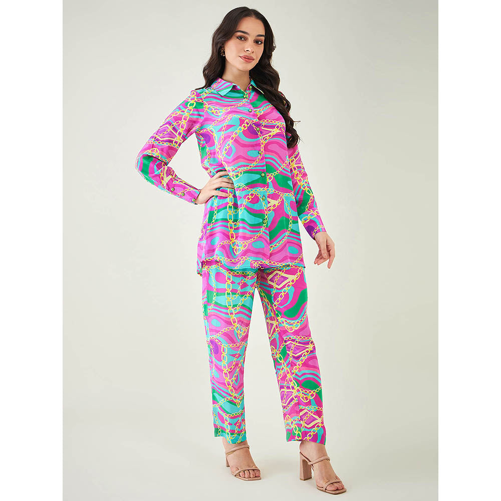 First Resort by Ramola Bachchan Pink and Green Marine Wave Print Shirt and Pant (Set of 2)