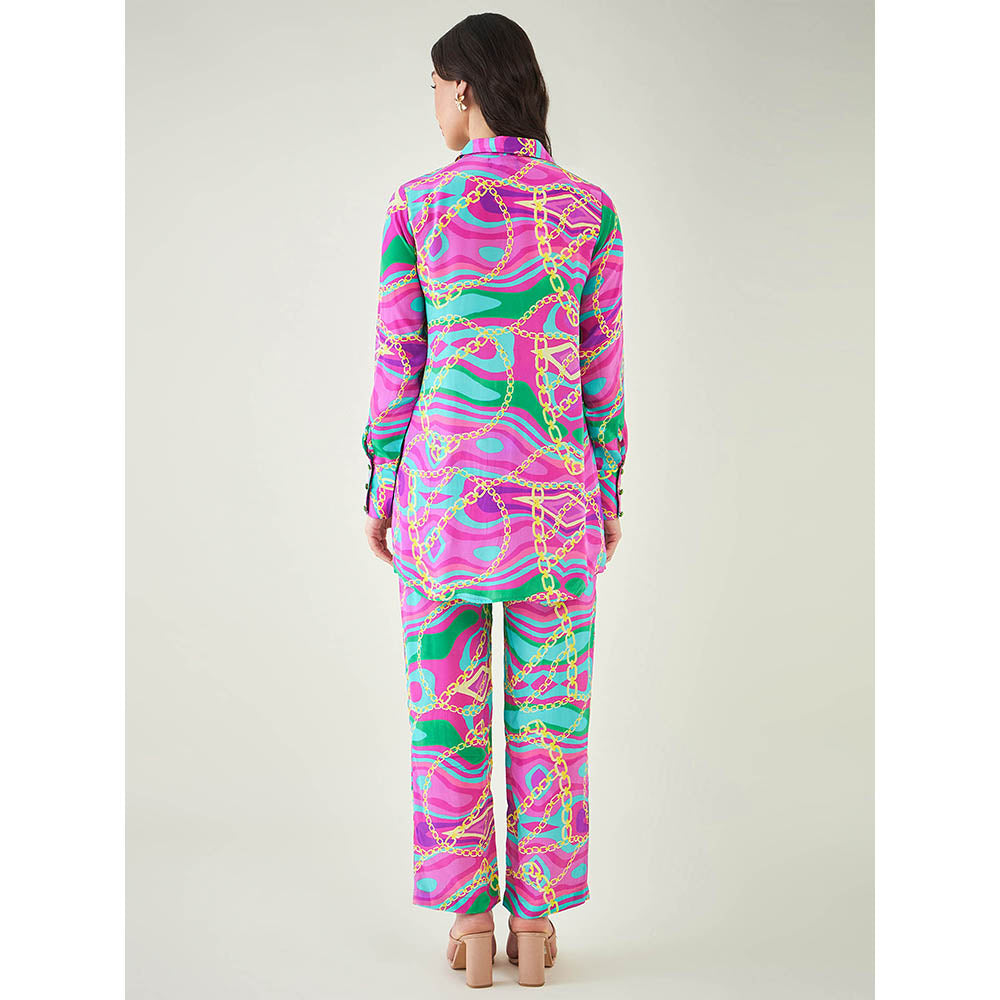 First Resort by Ramola Bachchan Pink and Green Marine Wave Print Shirt and Pant (Set of 2)