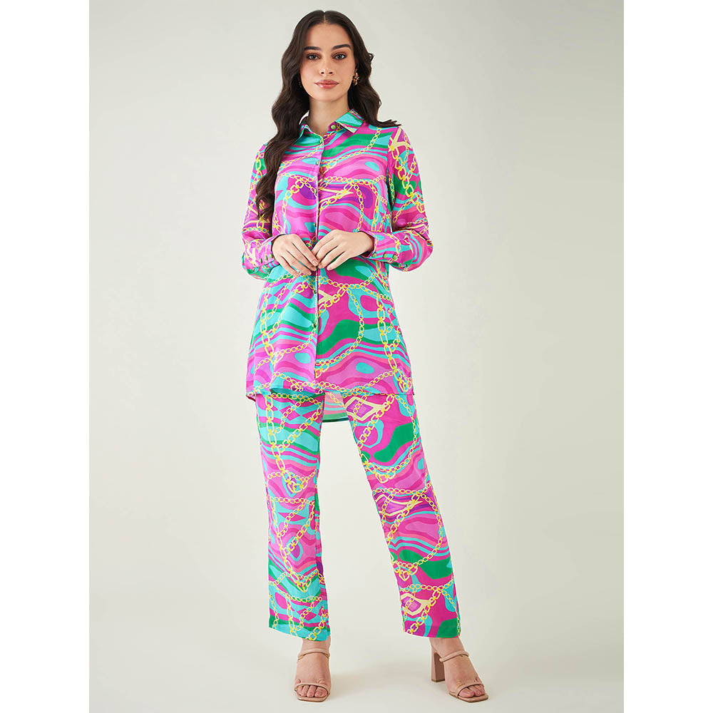 First Resort by Ramola Bachchan Pink and Green Marine Wave Print Shirt and Pant (Set of 2)