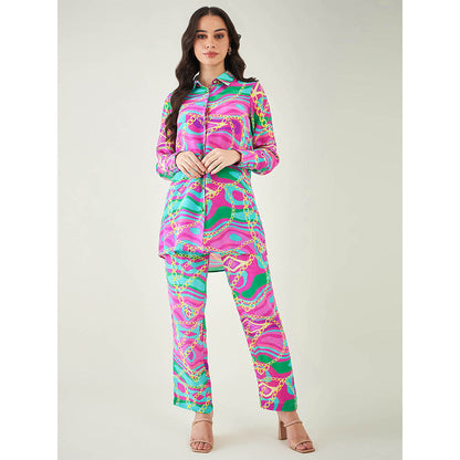 First Resort by Ramola Bachchan Pink and Green Marine Wave Print Shirt and Pant (Set of 2)