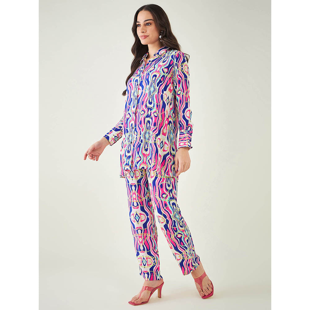 First Resort by Ramola Bachchan Blue and Pink Marine Wave Print Shirt and Pant (Set of 2)