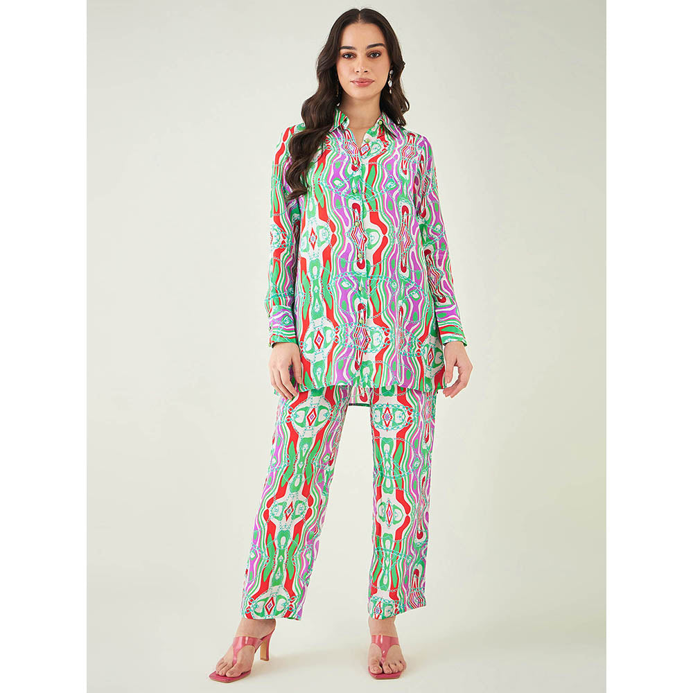 First Resort by Ramola Bachchan Green and Orange Marine Wave Print Shirt and Pant (Set of 2)