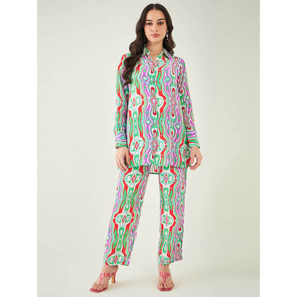 First Resort by Ramola Bachchan Green and Orange Marine Wave Print Shirt and Pant (Set of 2)