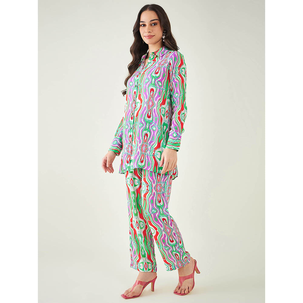 First Resort by Ramola Bachchan Green and Orange Marine Wave Print Shirt and Pant (Set of 2)