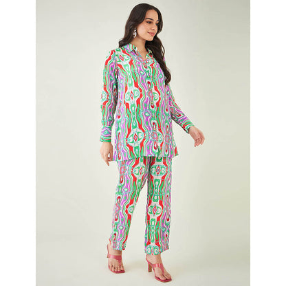 First Resort by Ramola Bachchan Green and Orange Marine Wave Print Shirt and Pant (Set of 2)