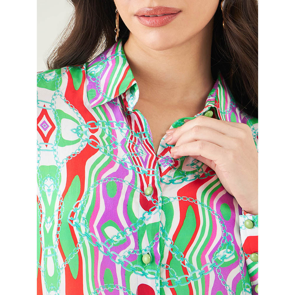 First Resort by Ramola Bachchan Green and Orange Marine Wave Print Shirt and Pant (Set of 2)