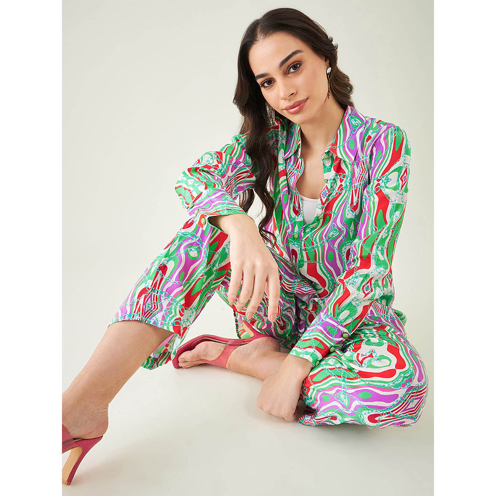 First Resort by Ramola Bachchan Green and Orange Marine Wave Print Shirt and Pant (Set of 2)
