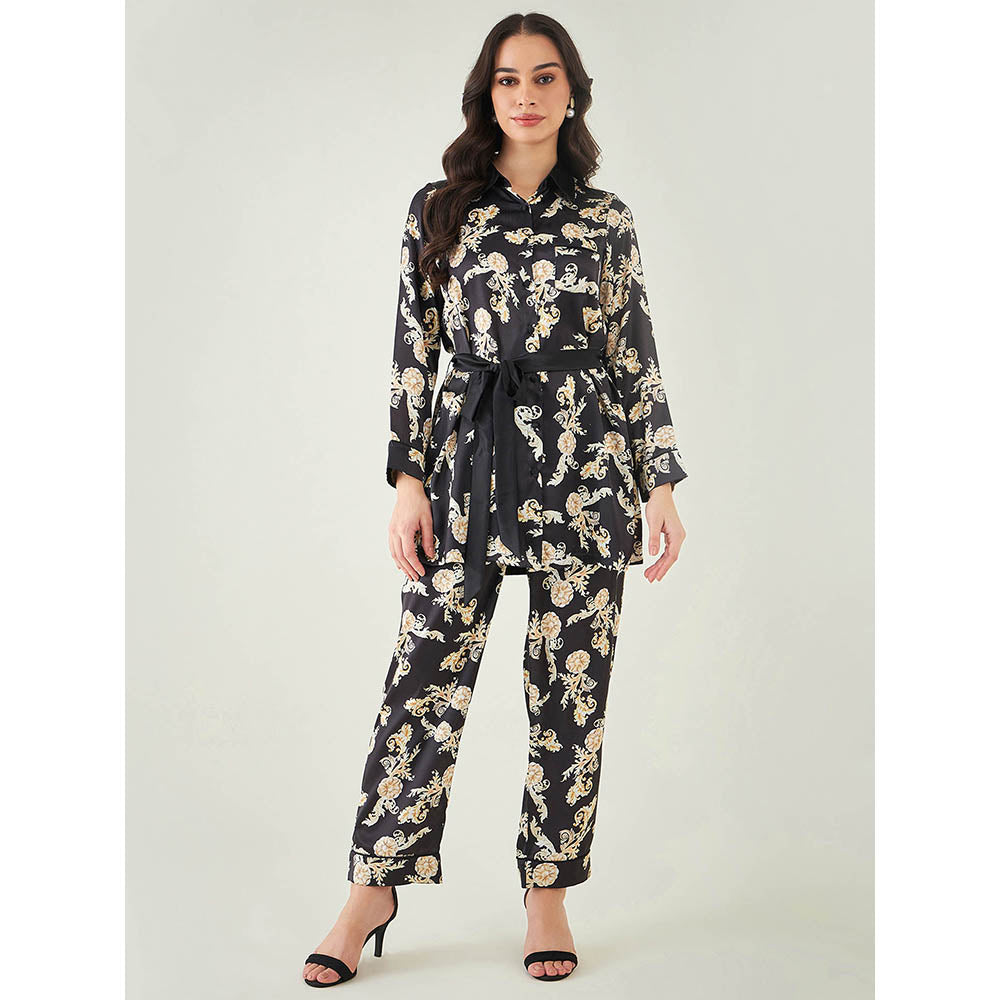 First Resort by Ramola Bachchan Black Baroque Print Shirt with Belt and Pant (Set of 3)