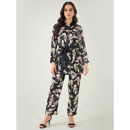 First Resort by Ramola Bachchan Black Baroque Print Shirt with Belt and Pant (Set of 3)