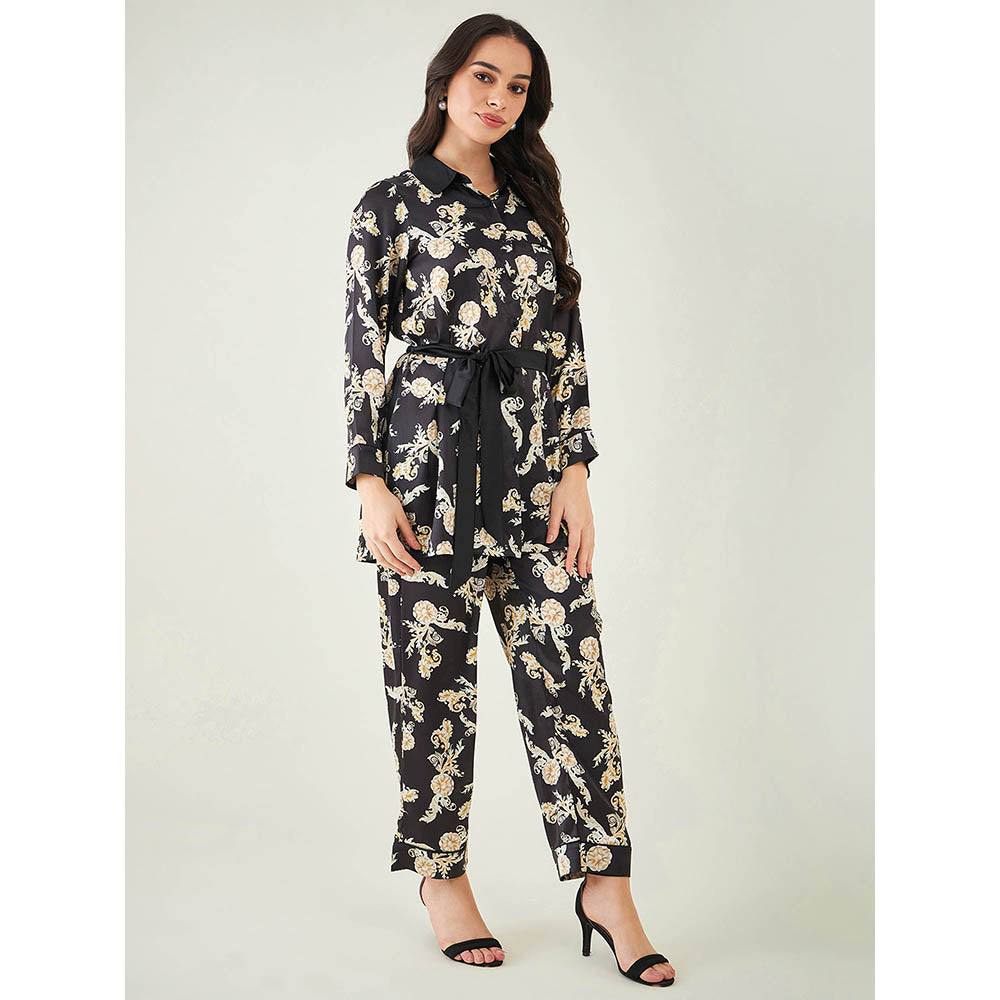 First Resort by Ramola Bachchan Black Baroque Print Shirt with Belt and Pant (Set of 3)
