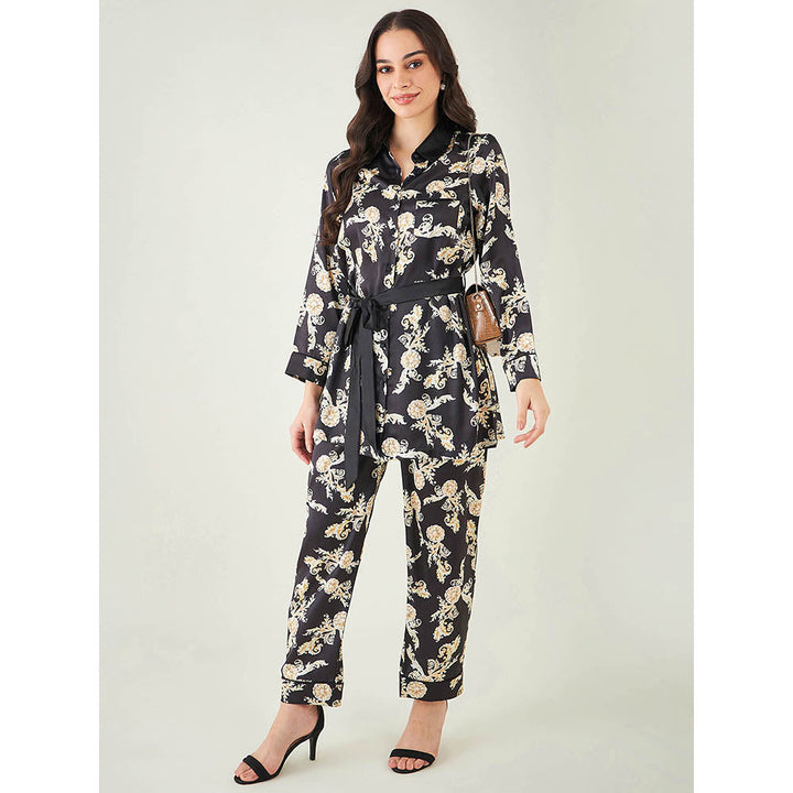 First Resort by Ramola Bachchan Black Baroque Print Shirt with Belt and Pant (Set of 3)