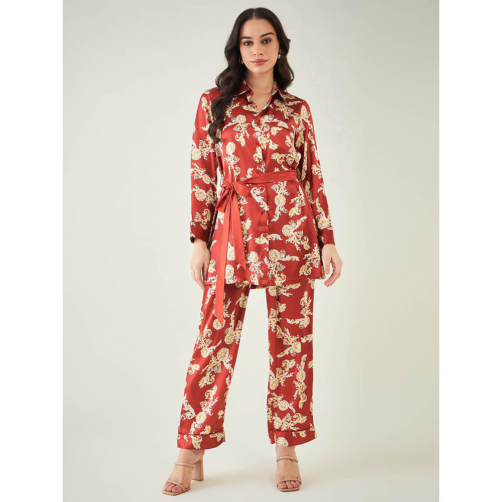 First Resort by Ramola Bachchan Red Baroque Print Shirt with Belt and Pant (Set of 3)