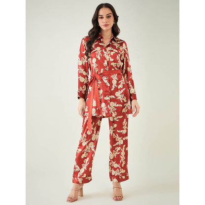 First Resort by Ramola Bachchan Red Baroque Print Shirt with Belt and Pant (Set of 3)