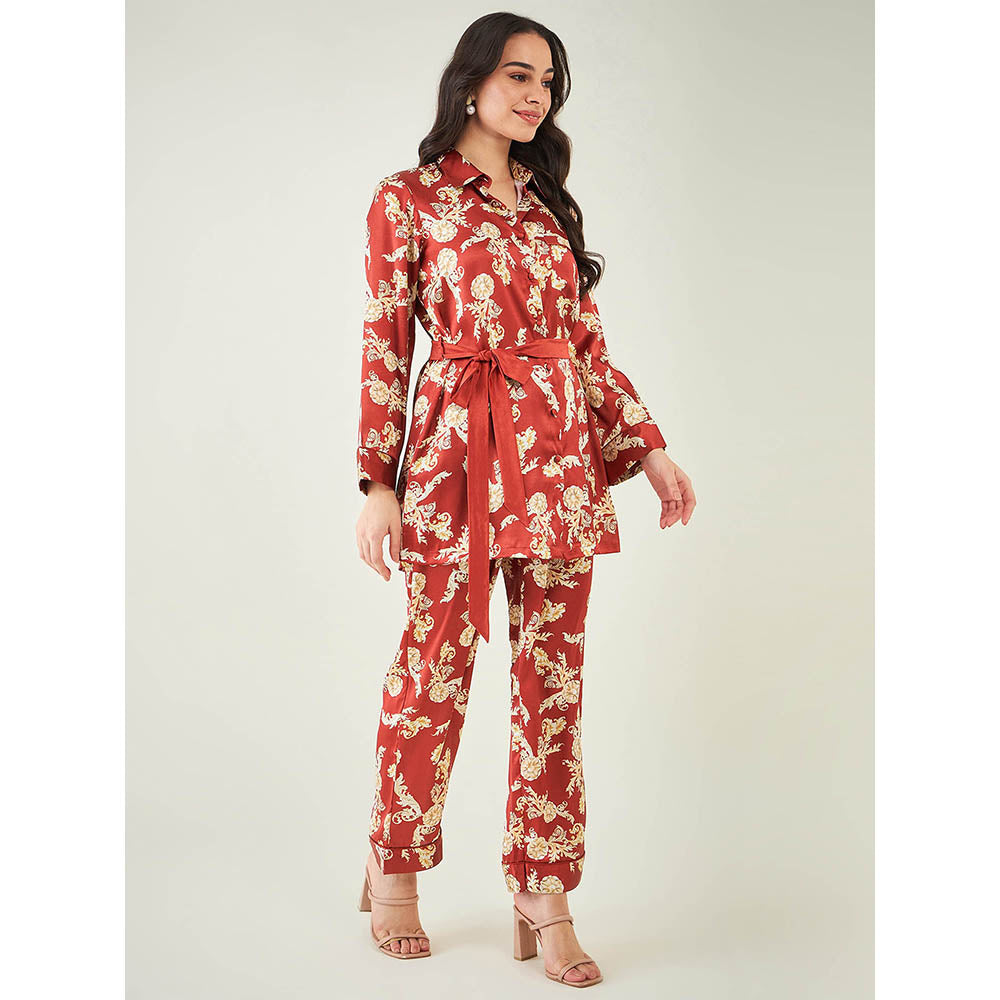 First Resort by Ramola Bachchan Red Baroque Print Shirt with Belt and Pant (Set of 3)