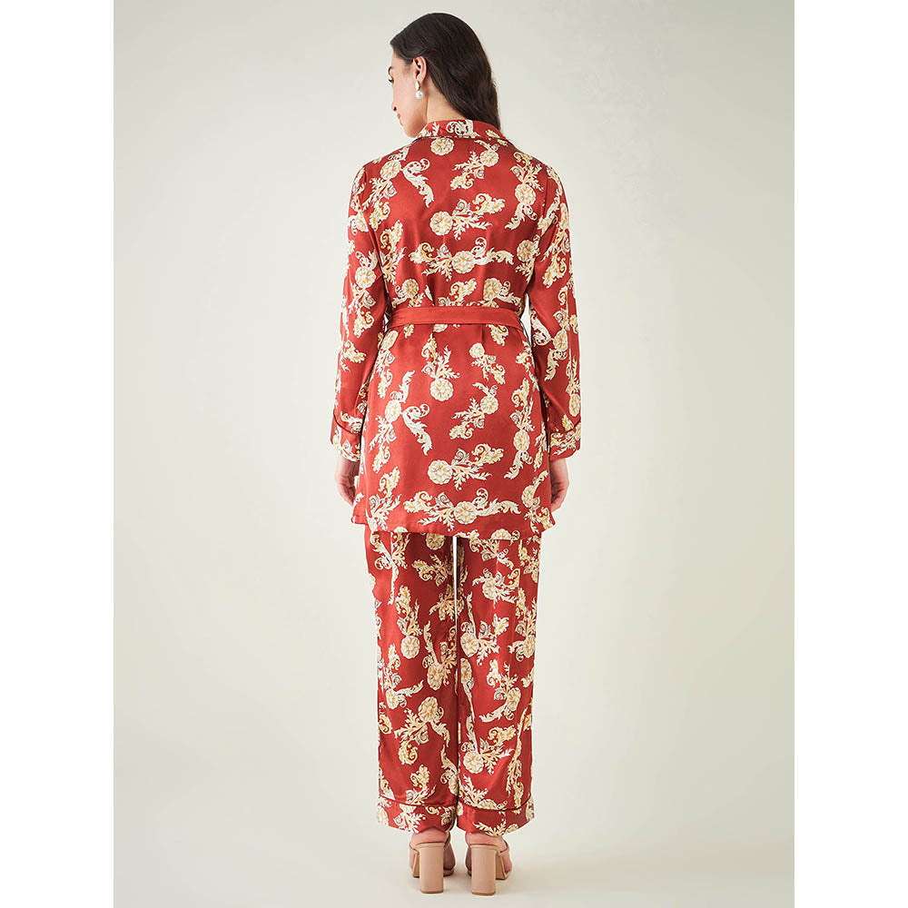 First Resort by Ramola Bachchan Red Baroque Print Shirt with Belt and Pant (Set of 3)