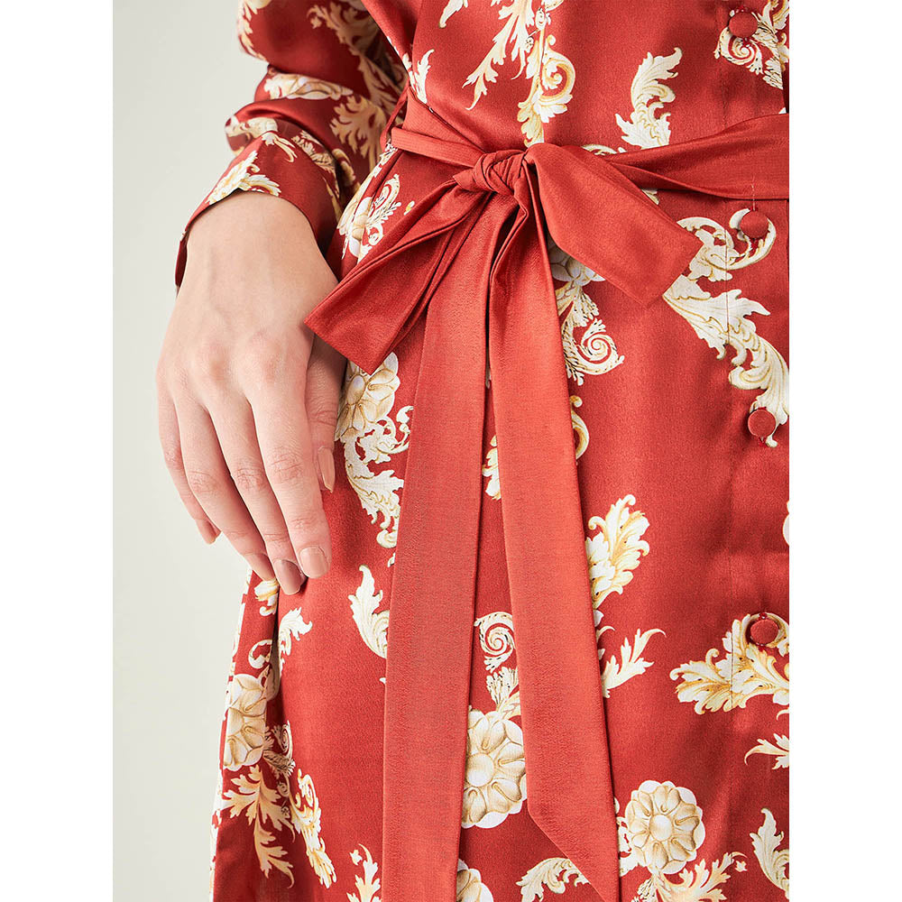 First Resort by Ramola Bachchan Red Baroque Print Shirt with Belt and Pant (Set of 3)