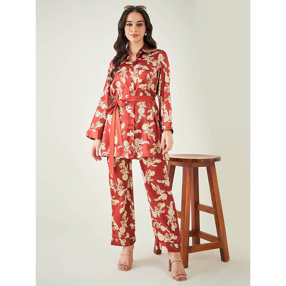 First Resort by Ramola Bachchan Red Baroque Print Shirt with Belt and Pant (Set of 3)