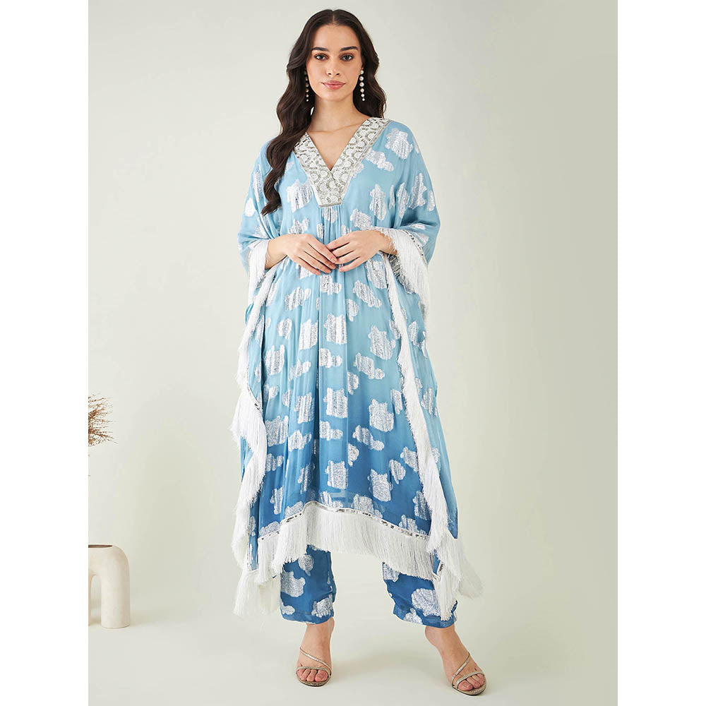First Resort by Ramola Bachchan Blue Ombre Mid Length Kaftan Fringe Detail & Pant (Set of 2)